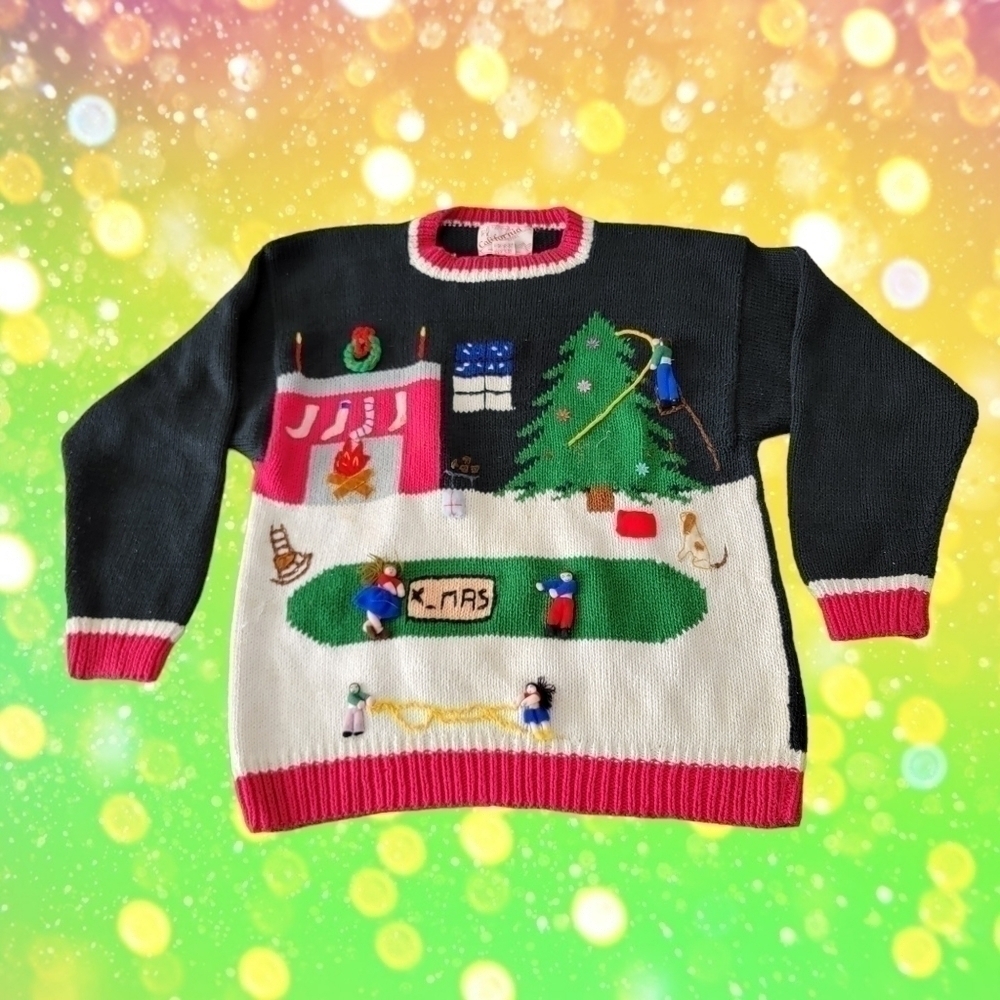 𝅺vtg Christmas Sweater Bright Colors 3D people Gifts Peru